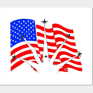 F18 Hornets flying over American Flag Ver 3 Posters and Art